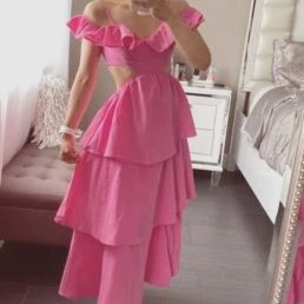 Boho Vacay Pink style trendy V-Neck Cut Out waist Tiered Layer slit Dress - Picture 5 of 7